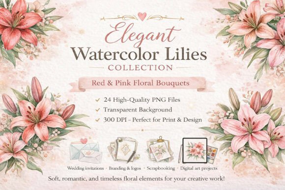 Download Watercolor Elegant Lilies Pink Flowers - Pink Collection